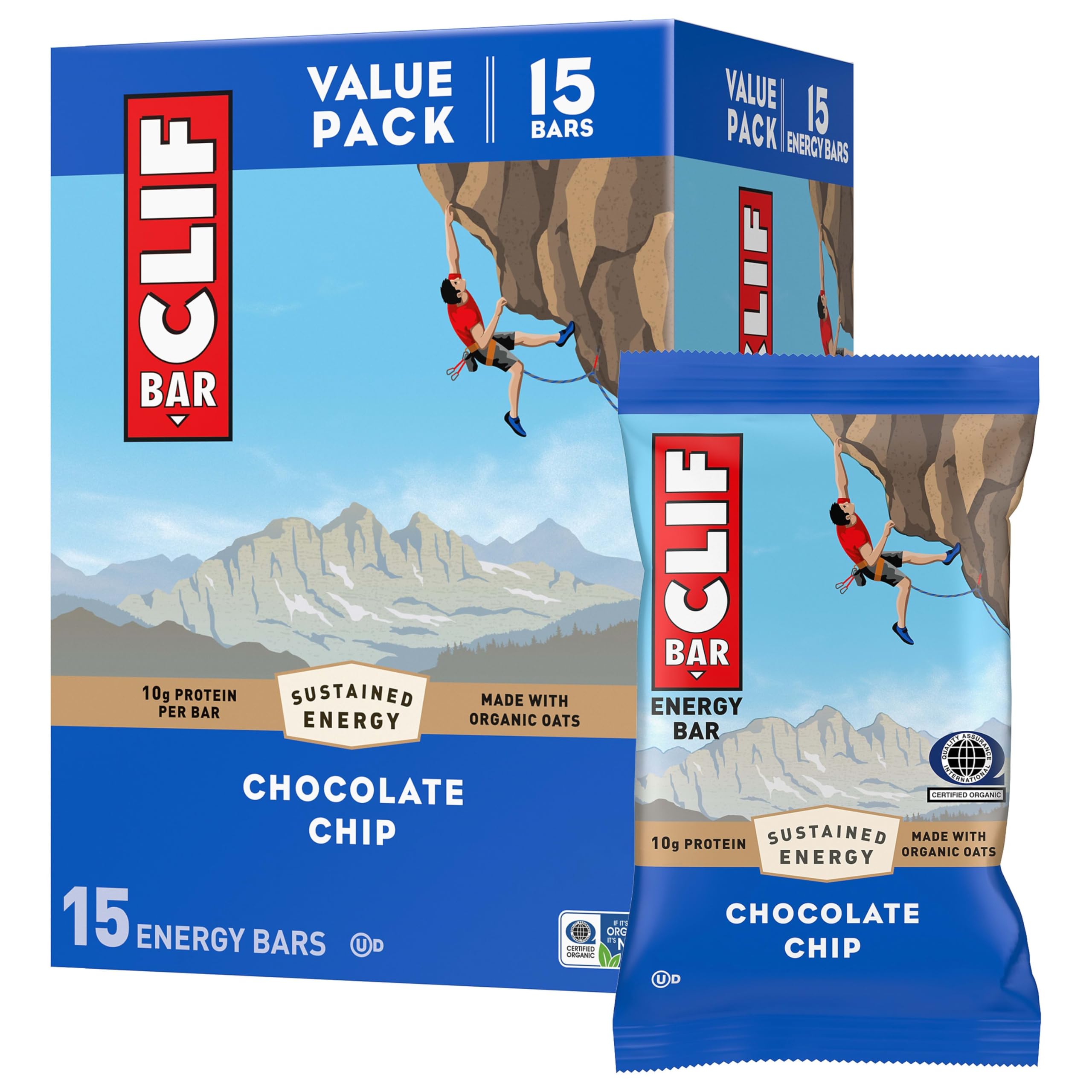 CLIF BAR Protein Energy Bars, Chocolate Chip, 15ct | 10g Protein, Made with Orga