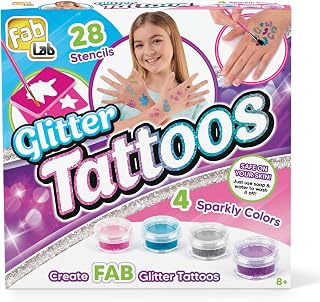 FabLab Glitter Tattoos Kit with 28 Stencils and Bio‑Glitter | Includes 4 Glitter Colours, Easy Application, Kid‑Safe Materials