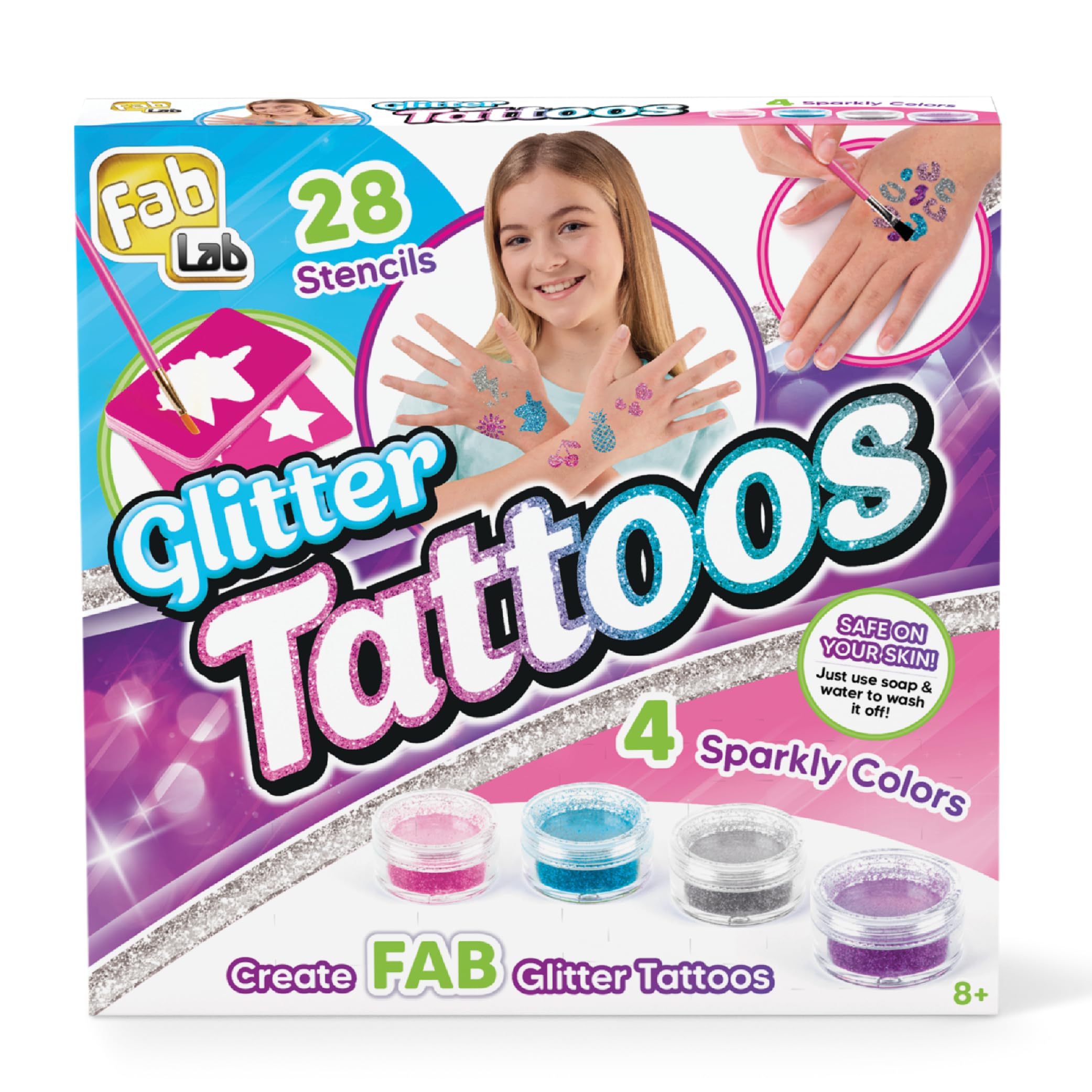 FabLab Glitter Tattoos Kit with 28 Stencils and Bio‑Glitter | Includes 4 Glitter