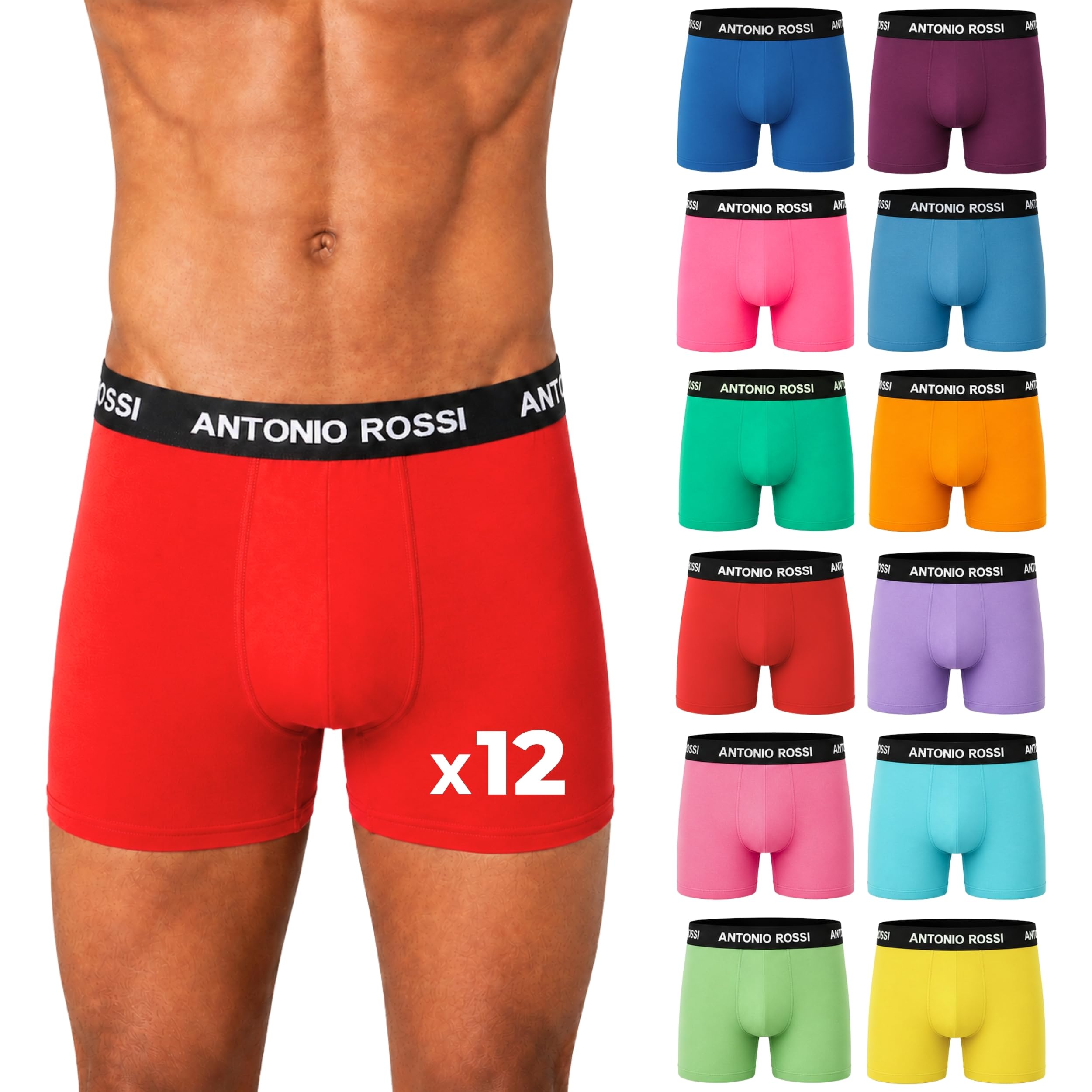 ANTONIO ROSSI (12-Pack Men's Fitted Boxer Hipsters - Mens Boxers Shorts Multipac