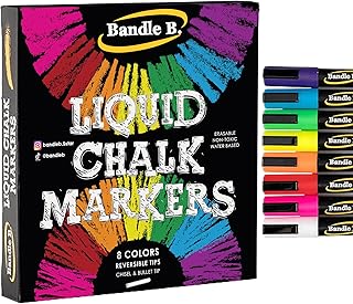 Bandle B. Chalk Markers - 8 Vibrant, Erasable, Non-Toxic, Water-Based, Reversible Tips. For Glass or Chalkboard Markers for Businesses, Restaurants, Liquid Drawing Chalk (Vibrant 6mm)