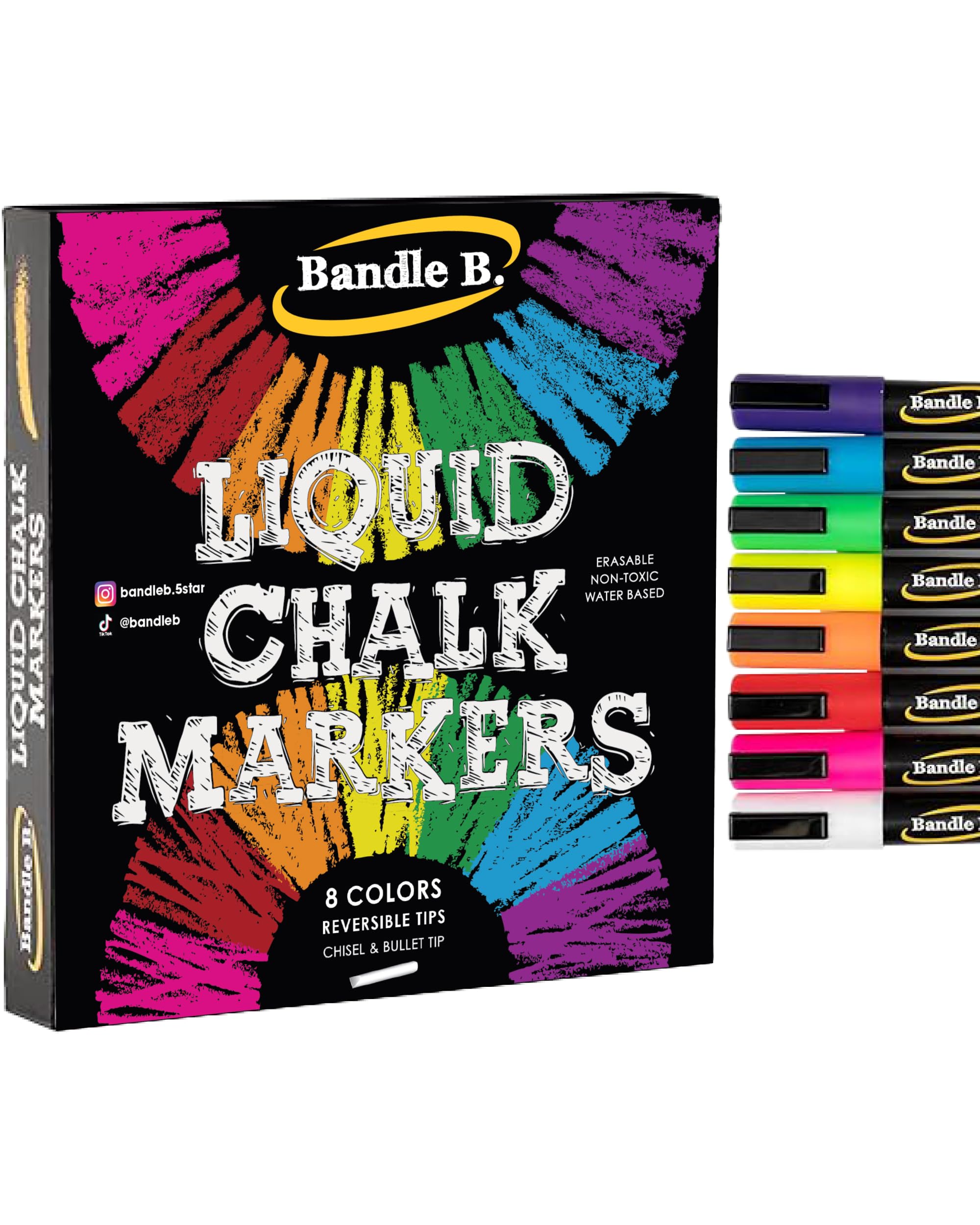 Bandle B. Chalk Markers - 8 Vibrant, Erasable, Non-Toxic, Water-Based, Reversibl