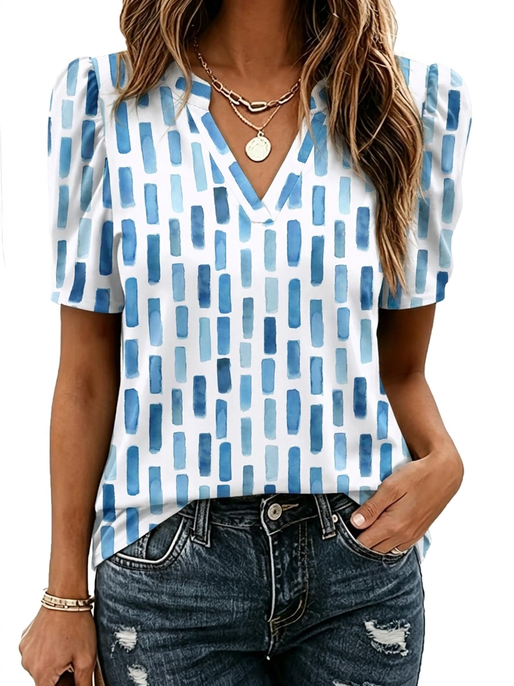 Zeagoo Women Blouses Puff Short Sleeve Tops V Neck Dressy Casual Spring Shirts B