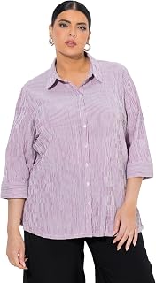 Ulla Popken Womenswear Plus Size Curvy Textured Stripe Button Front Stretch Blouse 797458