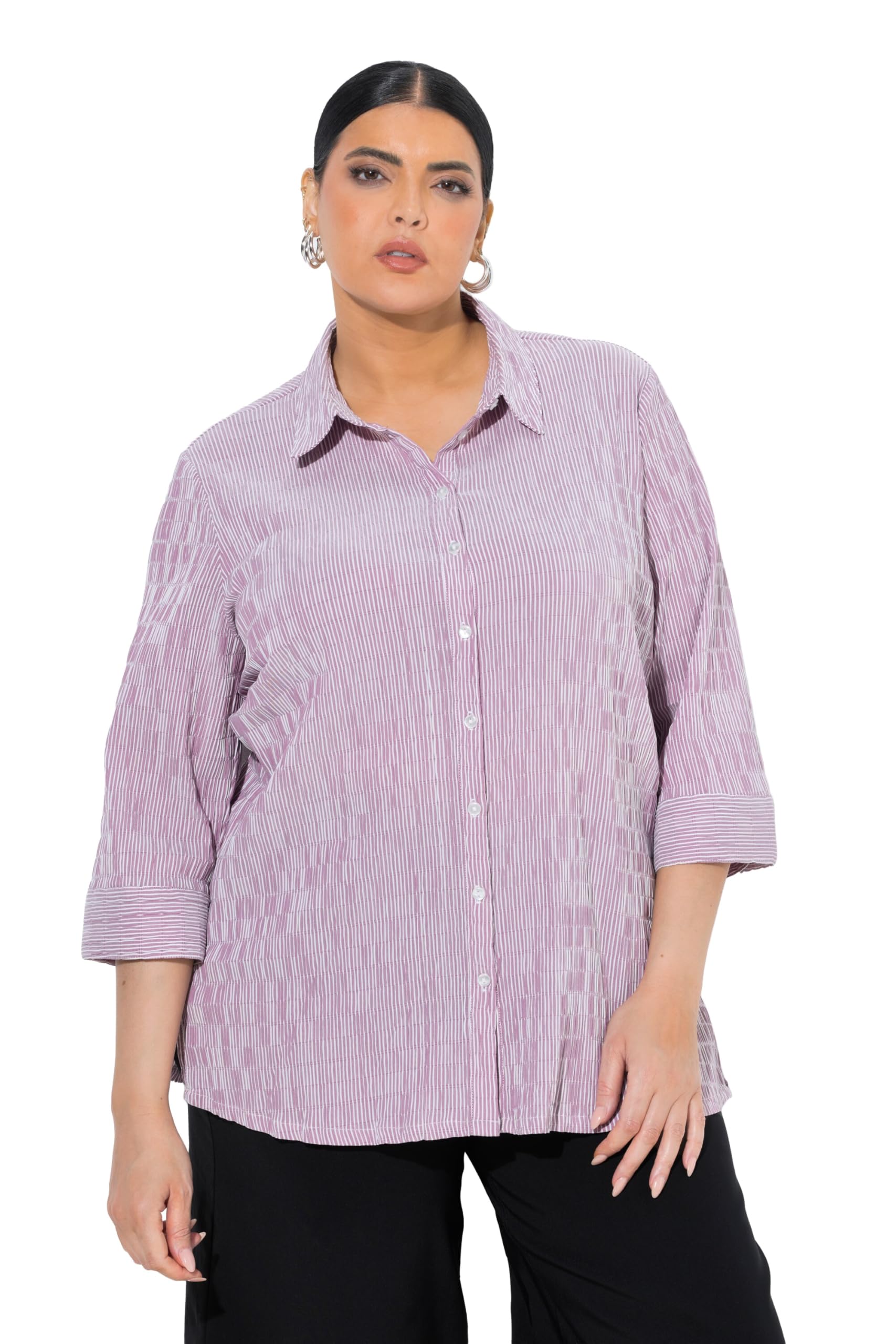 Ulla Popken Womenswear Plus Size Curvy Textured Stripe Button Front Stretch Blou