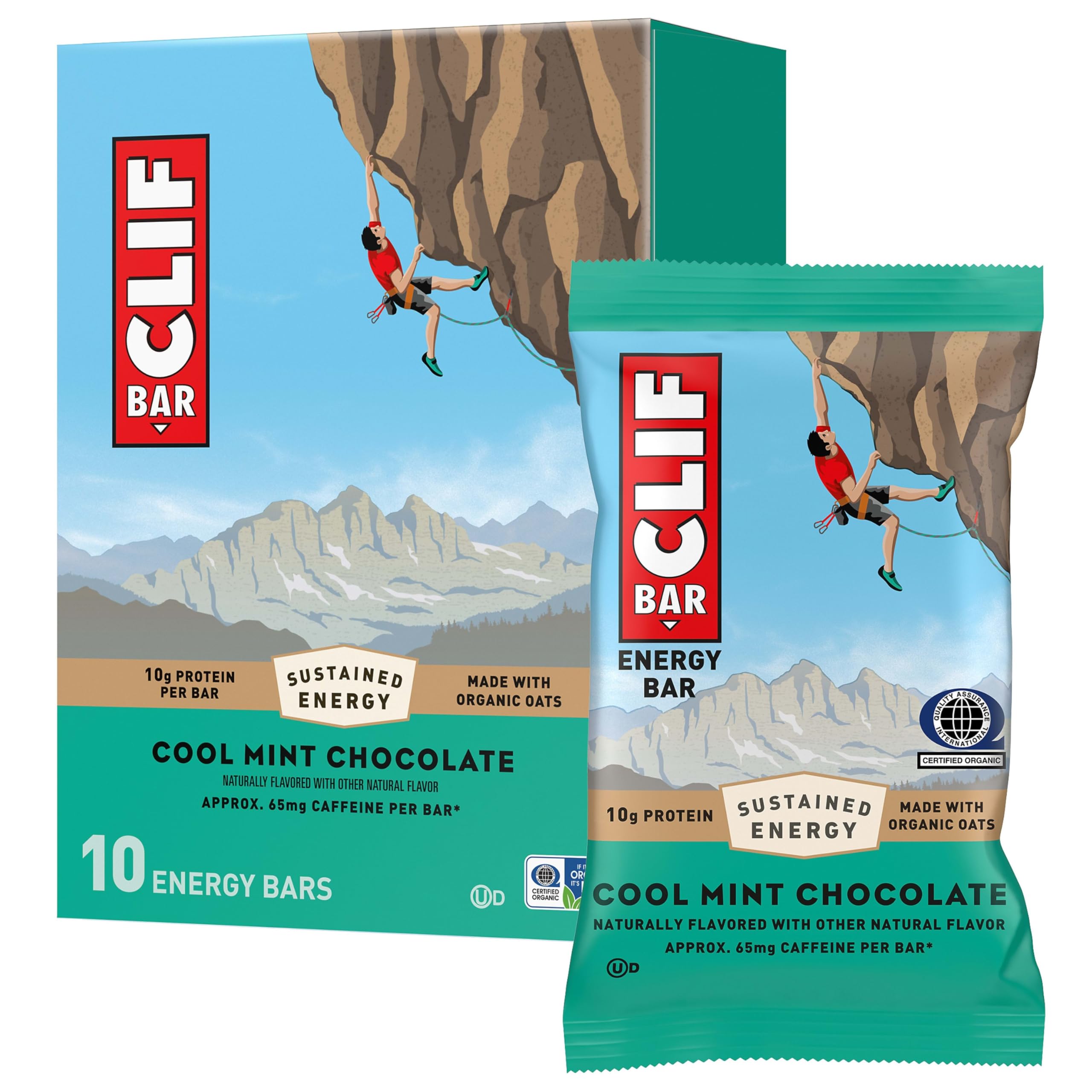 CLIF BAR Protein Energy Bars, Cool Mint Chocolate with Caffeine, 10ct | 10g Prot