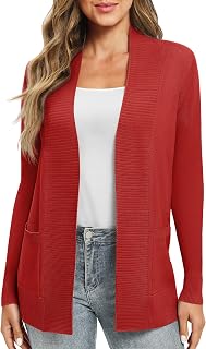 EXCHIC Women's Long Sleeve Knitted Cardigan, Lightweight Cosy Open Front, Long Casual Jacket with Pockets
