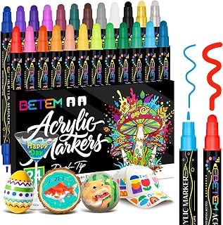 Betem 24 Colors Dual Tip Acrylic Paint Markers, Fabric Decorating Kits | Acrylic Paint Pens Art Supplies for Fabric, Rock, Wood, Glass, Canvas, Ceramic, Pumpkin Painting Kit & Halloween Crafts