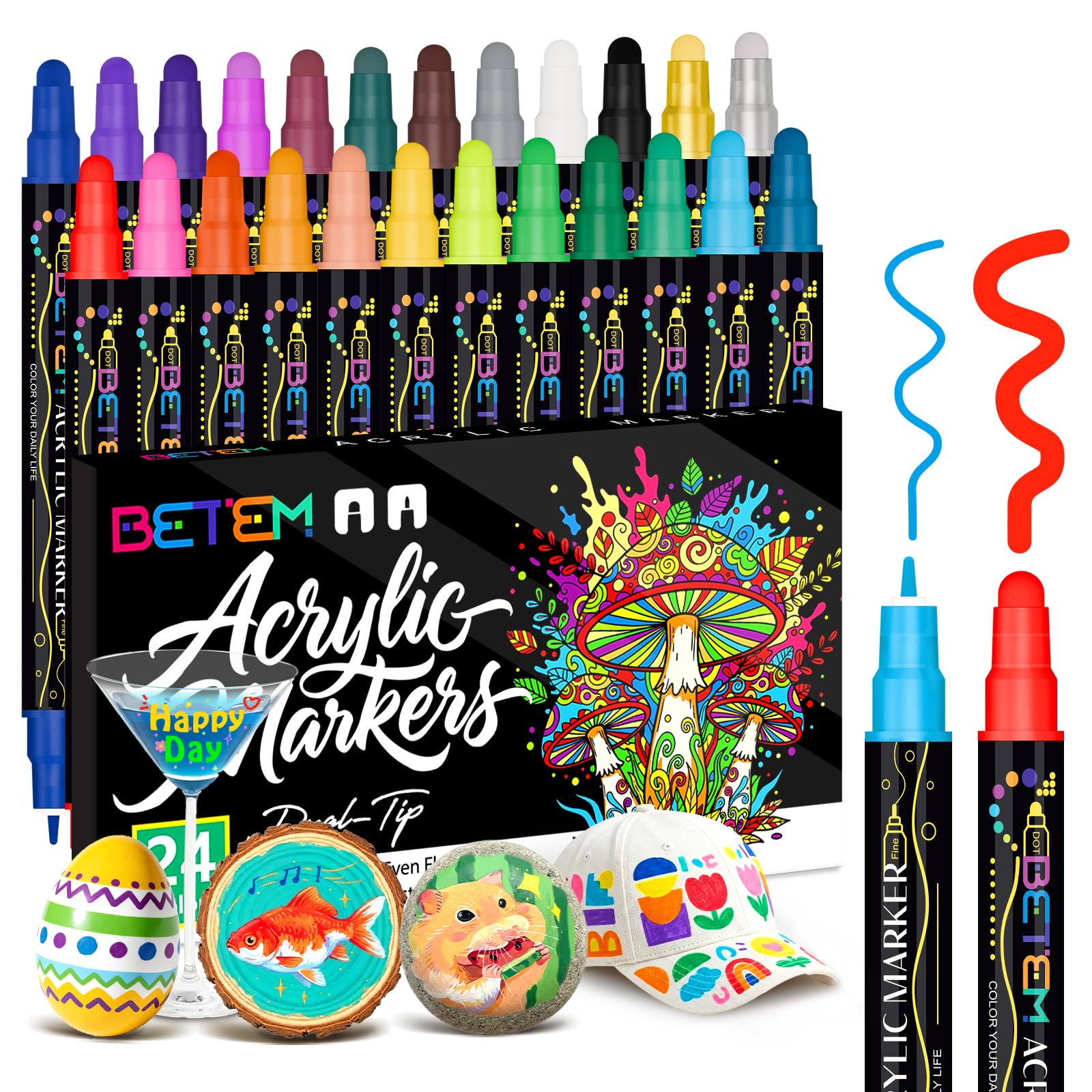 Betem 24 Colors Dual Tip Acrylic Paint Markers, Fabric Decorating Kits | Acrylic