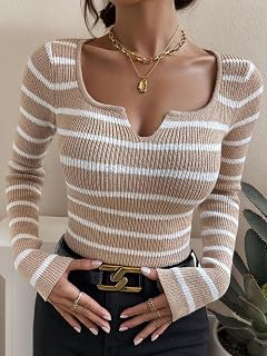 Maglione da donna con scollo quadrato a righe a maniche lunghe slim fit maglione casual autunno moda pullover