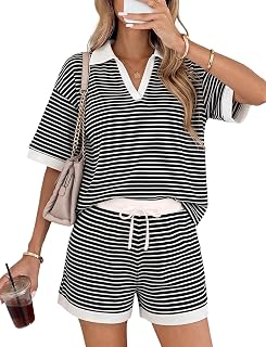 Women's 2 Piece Short Sets Striped Waffle Knit Lounge Matching Outfits