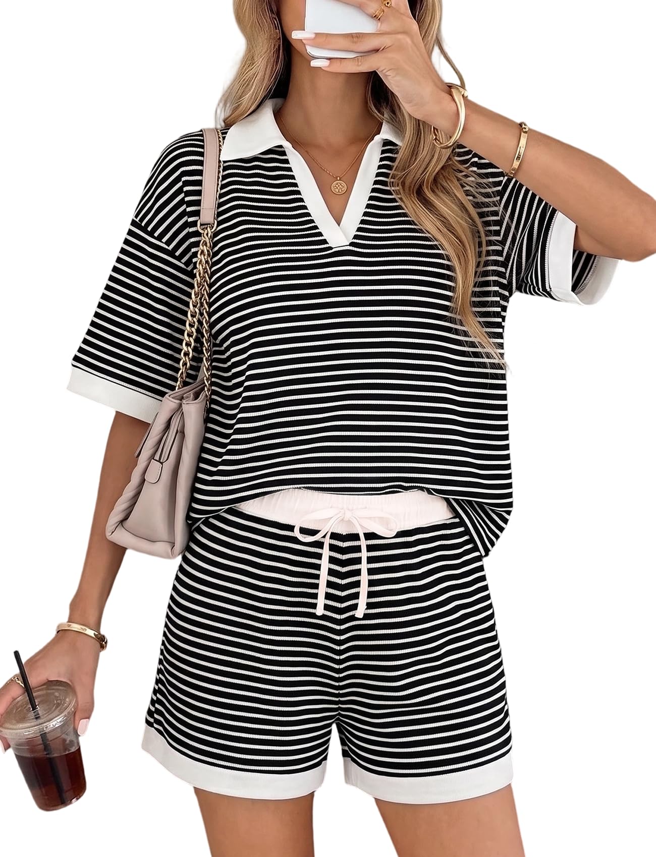 Women's 2 Piece Short Sets Striped Waffle Knit Lounge Matching Outfits