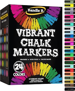 Bandle B. Chalk Markers - 24 Vibrant, Erasable, Non-Toxic, Water-Based, Reversible Tips. For Glass or Chalkboard Markers for Businesses, Restaurants, Liquid Drawing Chalk (Vibrant 6mm)