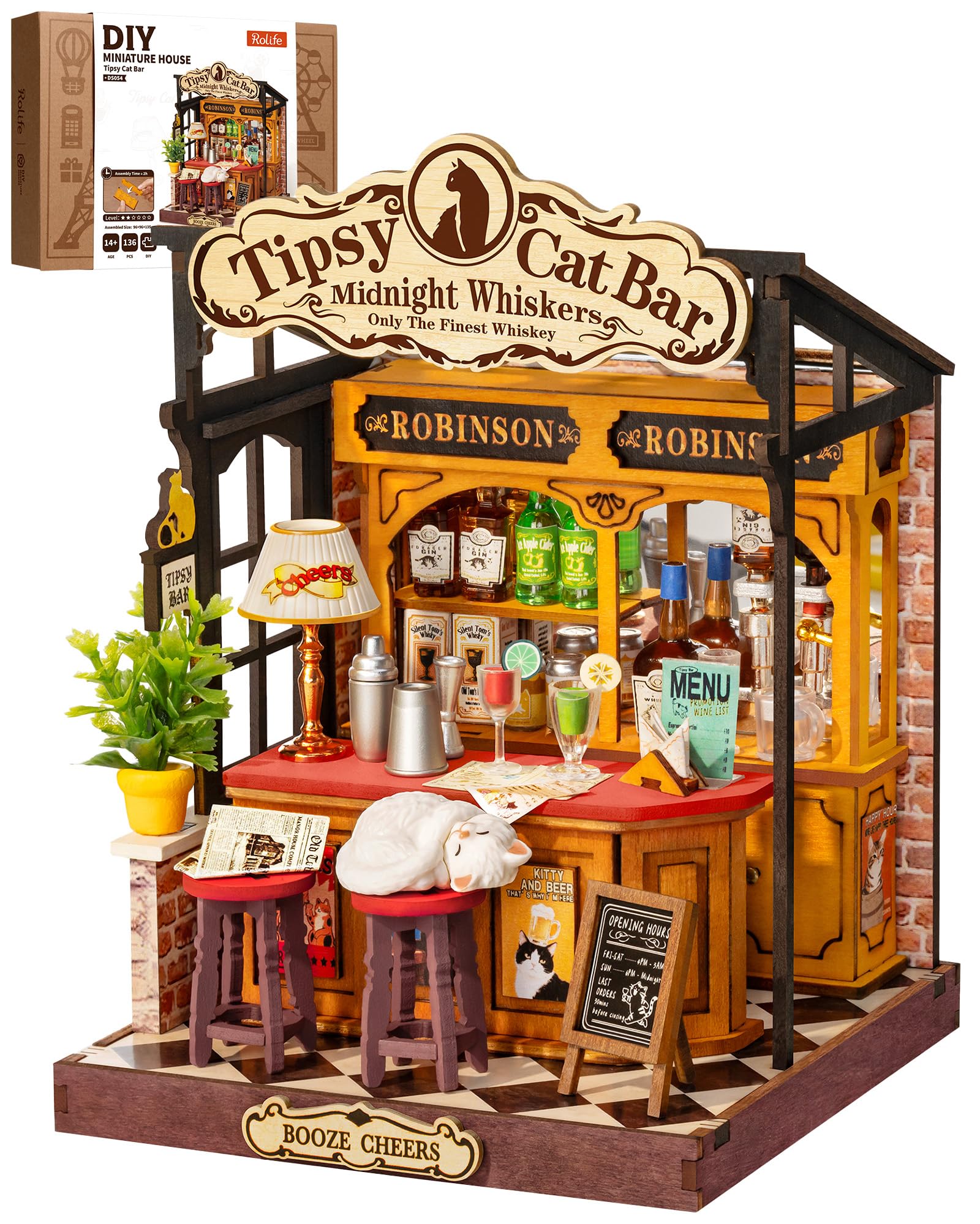 Rolife Tipsy Cat Bar DIY Miniature House Kit for Adults | 1:28 Scale Bar Book No