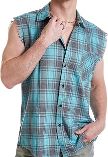 Sleeveless Plaid Front Shirt for Men,Cowboy Button Down Shirts