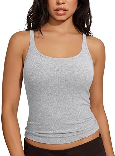 SUUKSESS Women Padded Cotton Ribbed Tank Tops Casual Summer Going Out Sleeveless Scoop Neck Basic Cami Tops