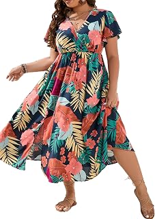 Floerns Women's Plus Size Hawaiian Tropical V Neck Long Dress