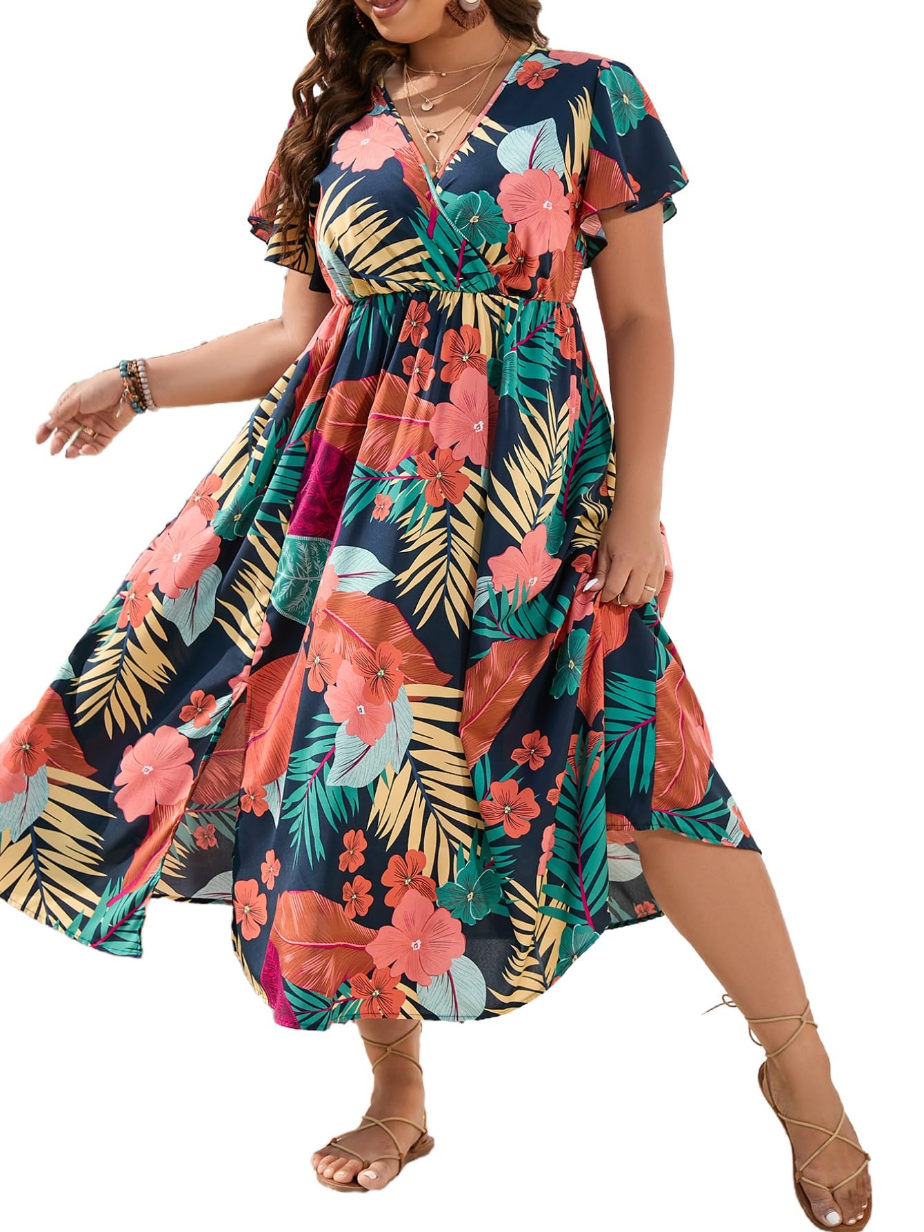 Floerns Women's Plus Size Hawaiian Tropical V Neck Long Dress