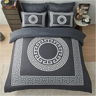 GC GAVENO CAVAILIA Greek Double Duvet Set - Easy Care Microfiber Quilt Cover with Pillowcases - Lightweight & Durable Duvet Comforter - Geometric Style Bedding Set, Charcoal