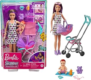 Barbie Skipper Babysitters Inc Doll, Playset and Accessories | Brunette Fashion Doll, Featuring Baby Doll, Stroller, & 5 Accessories, Ages 3+