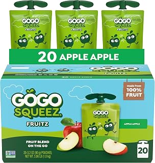 GoGo squeeZ No Sugar Added Applesauce & Fruit Puree, Apple, 20 Count | Kids On The Go Fruit Snack Made with Applesauce & Fruit Puree; 3.2 Oz Pouches, Gluten and Nut Free, Recloseable Cap, BPA-Free
