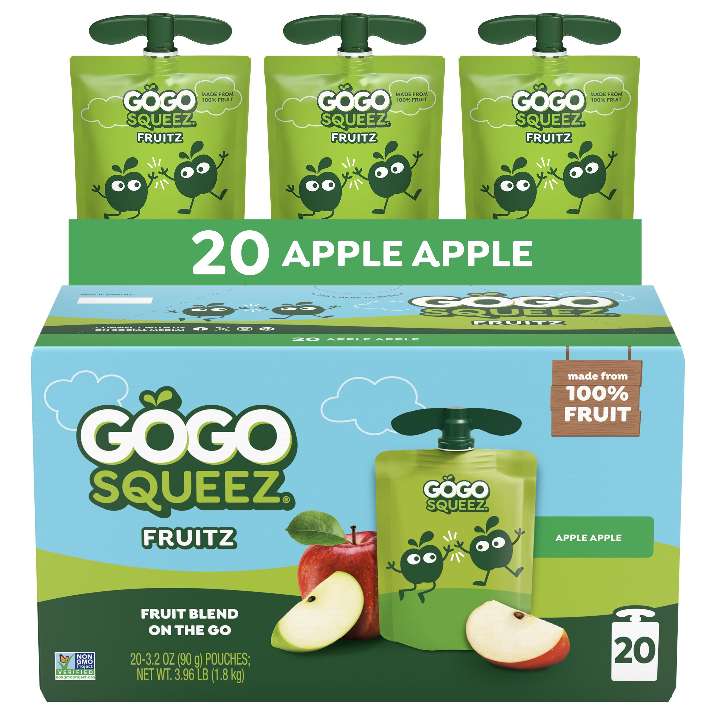 GoGo squeeZ No Sugar Added Applesauce & Fruit Puree, Apple, 20 Count | Kids On T