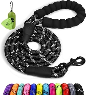Taglory Rope Dog Leash for Medium Large Dogs, 6 FT Padded Handle, Black | Climbing Rope for Strong Pullers, Reflective for Night Walks and Training, Comfortable Grip, Anti-tangle Swivel Clip 1/2 inch