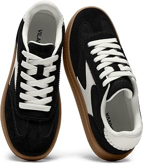 Vilanva Women's Fashion Sneakers Casual Tennis Shoes with Genuine Suede Classic Retro Gum Sole Walking Trendy Footwear