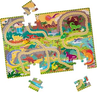 Melissa & Doug Dinosaur Adventure Tracks Cardboard Jigsaw Floor Puzzle and 2 Wind-Up Dinos – 48 Pieces, for Boys and Girls 3+