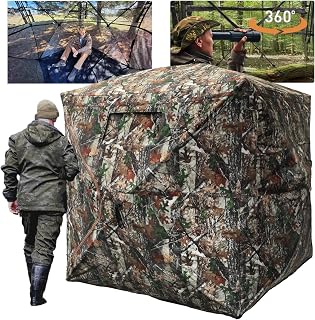 FUNHORUN Hunting Blind with Floor Mat, 360 See Through Ground Blind, Pop Up | 2/3/4 Person Deer Blind Turkey Blind, Portable Camo Tent with Carrying Bag, Detachable Zip-in Floor, Silent Sliding Windows