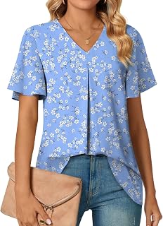 Anyally レディース サマー ドレッシー シフォン ブラウス Vネック フリル 半袖 チュニック トップス レギンス カジュアル Tシャツ