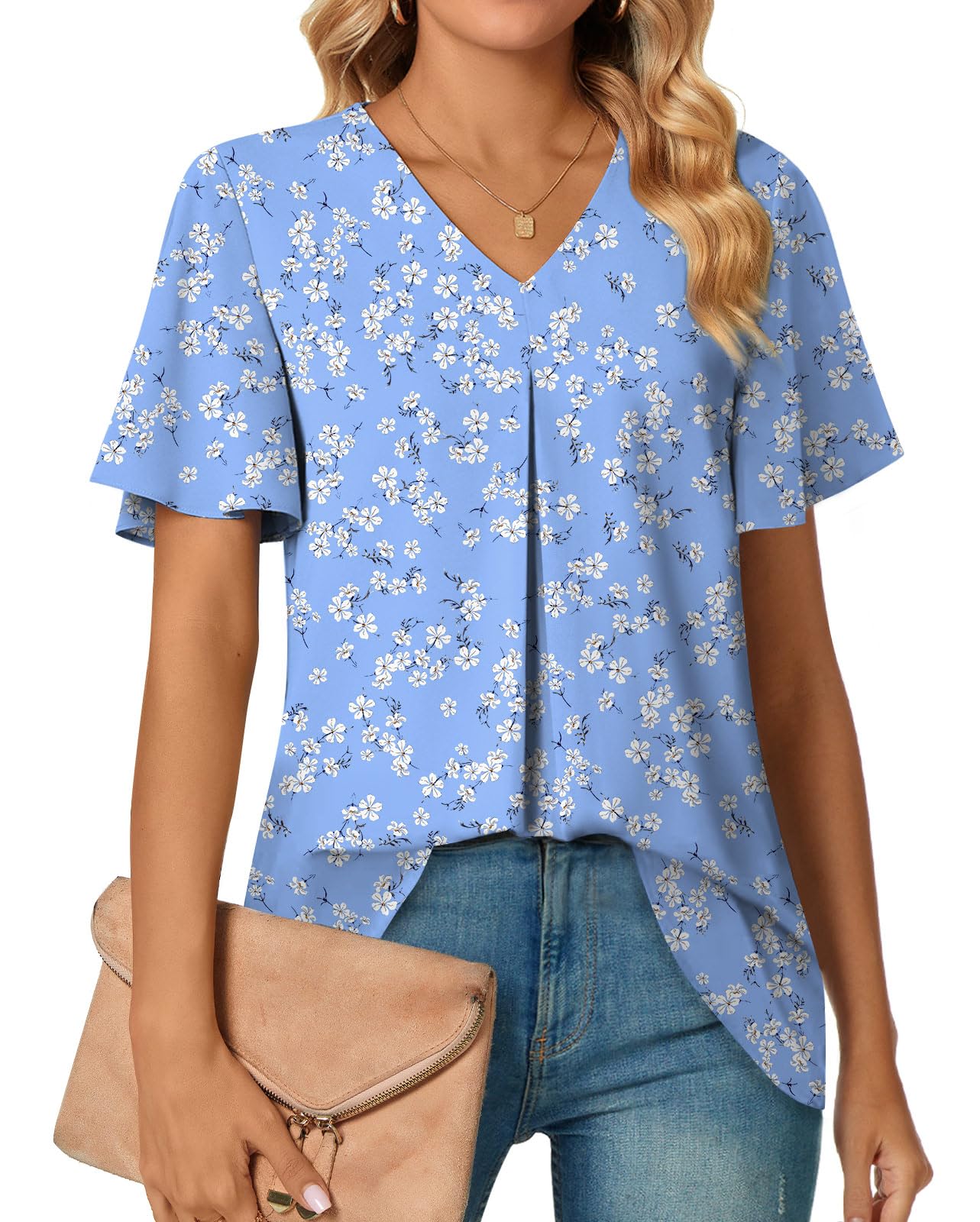 Anyally レディース サマー ドレッシー シフォン ブラウス Vネック フリル 半袖 チュニック トップス レギンス カジュアル Tシャツ