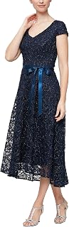 Alex Evenings Tea Length Dress with Rosette Detail (Petite And Regular) Vestito per Occasioni Speciali Donna