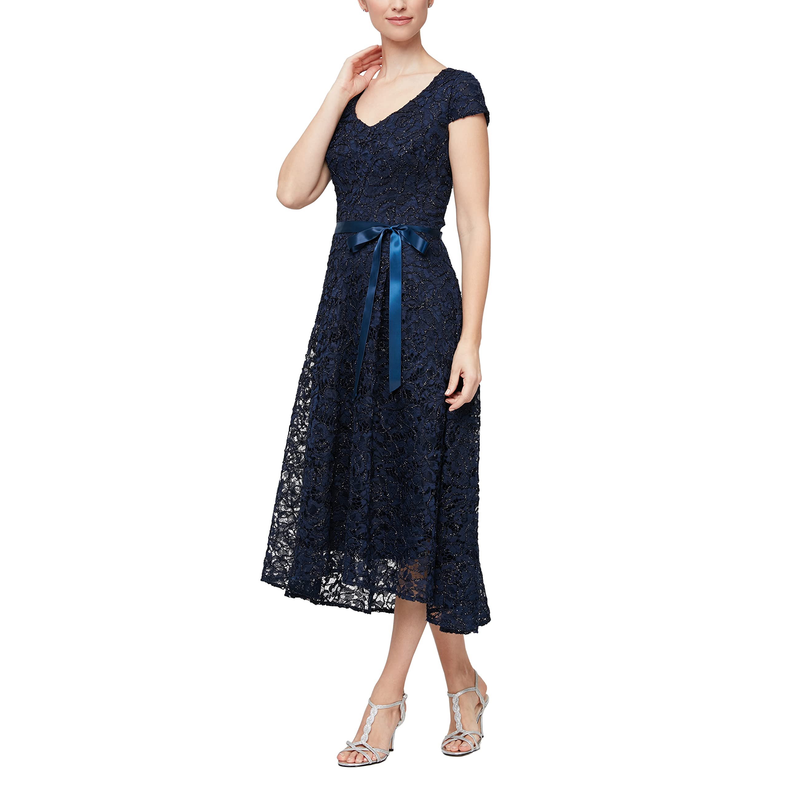 Alex Evenings Tea Length Dress with Rosette Detail (Petite And Regular) Vestito 