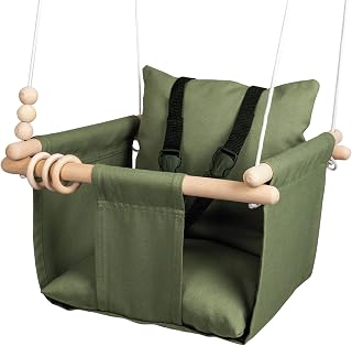 Mass Lumber Indoor Outdoor Baby Swing with 3-Point Harness and Hardware for Ceiling, Porch, Doorway, Canvas Toddler Swing Seat Green