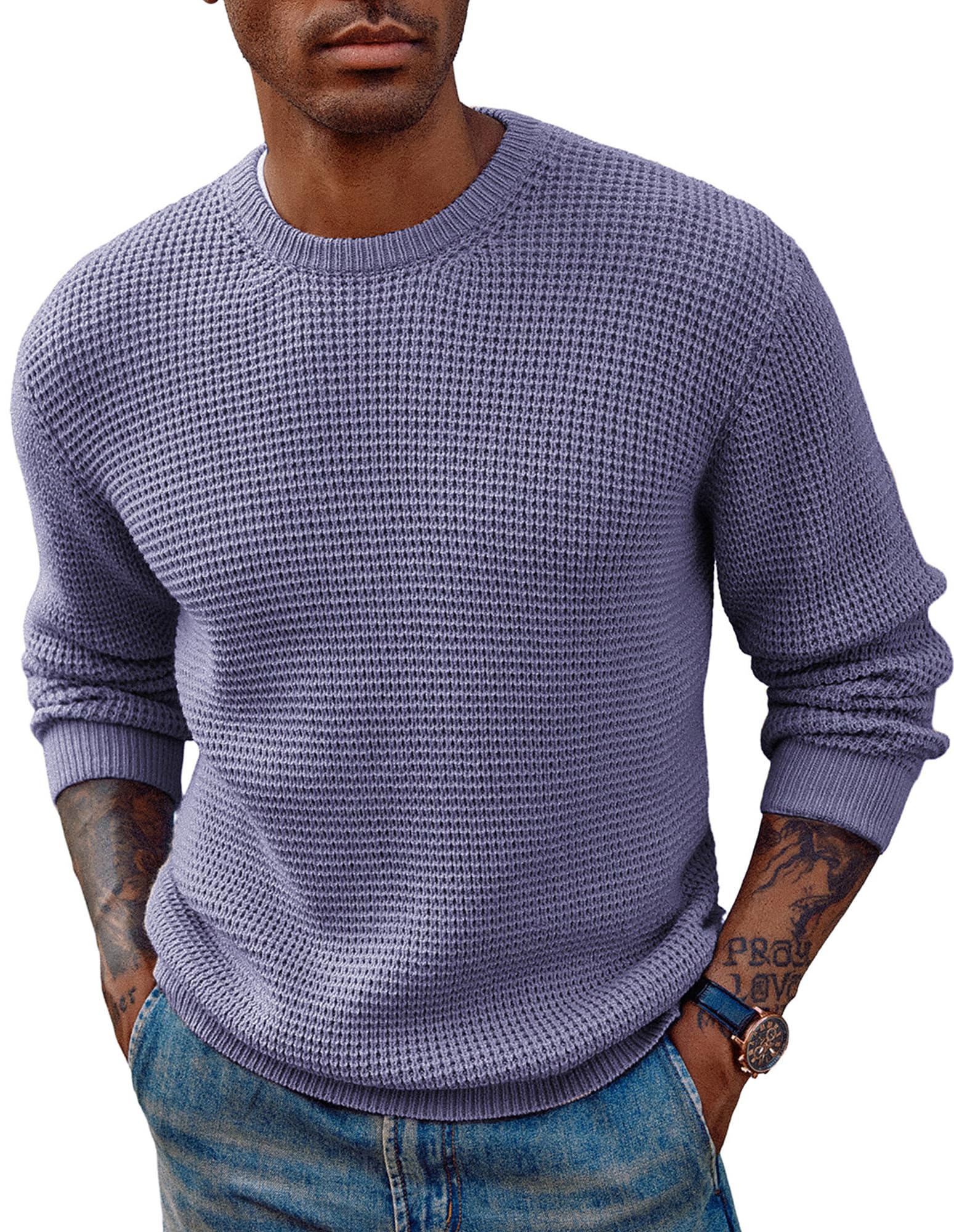 PJ PAUL JONES Mens Waffle Knit Sweaters Casual Crewneck Pullover Sweaters