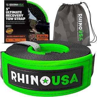 Rhino USA Recovery Tow Strap (3in x 20ft) - 31,518lb Heavy Duty Towing | 31,518lb Break Strength Emergency Tow Strap. Heavy Duty Towing Rope for Truck, UTV, ATV &amp; Jeep Offroad Recovery. Black