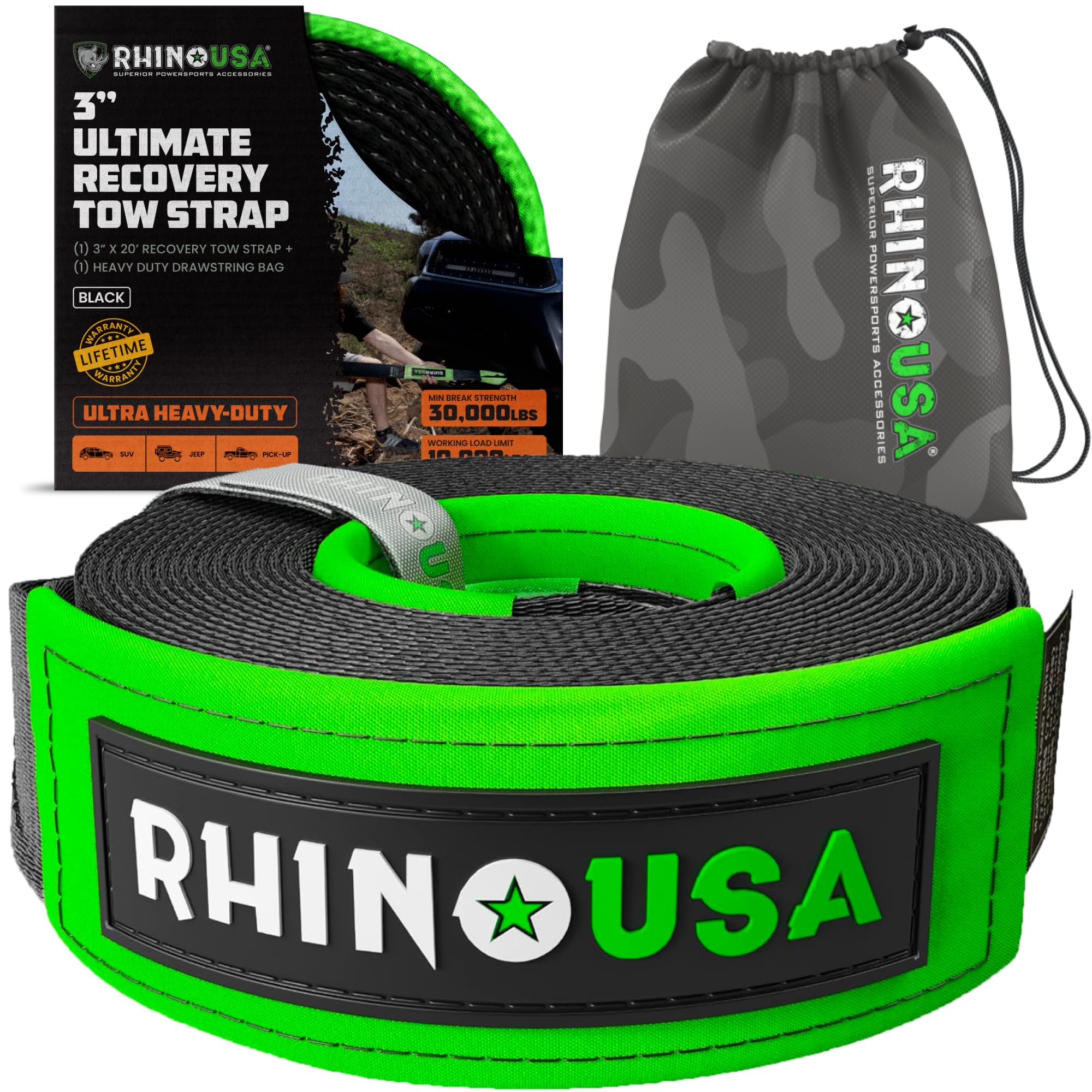Rhino USA Recovery Tow Strap (3in x 20ft) - 31,518lb Heavy Duty Towing | 31,518l