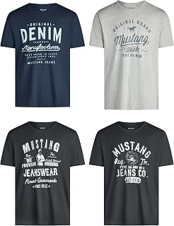 MUSTANG Men's Cotton T-Shirt, Regular Fit, Pack of 4, Crew Neck, Short Sleeve, Summer T-Shirt, Logo Print, Black, White, Grey, Blue, Green, S, M, L, XL, XXL, 3XL, 4XL, 5XL, 6XL