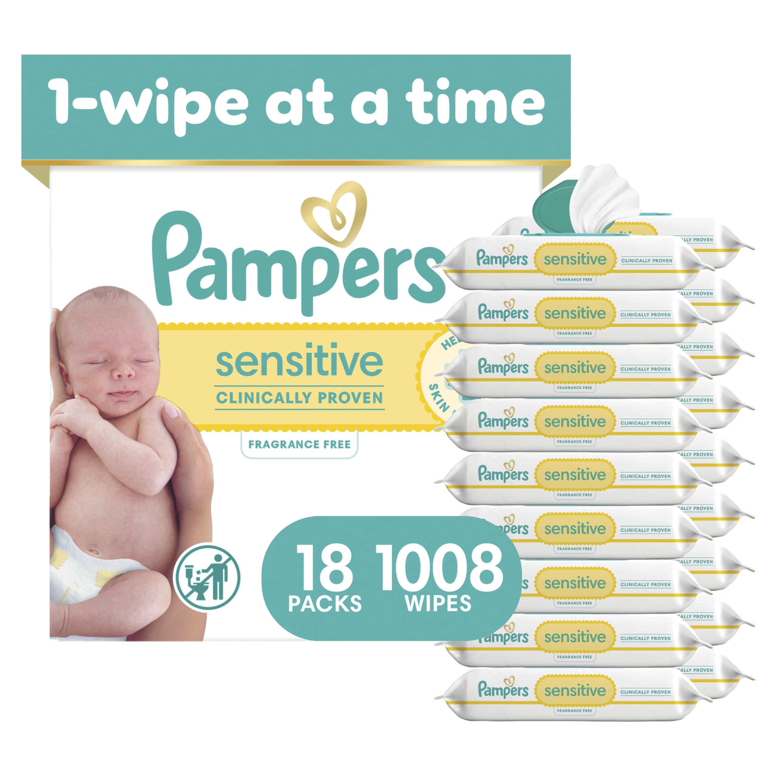Pampers Sensitive Baby Wipes, Unscented, Fragrance Free, Clinically Proven, Wate