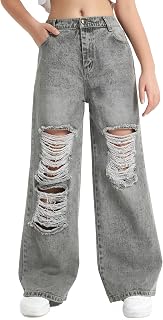 EXARUS Girls Jeans Wide Leg Baggy Pants Ripped Denim Teen 6-16Y