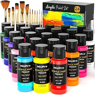 Nicpro Acrylic Paint Set 24 Colors 2oz with 12 Brushes & Palette | Non-Toxic Art Supplies Kit, Rich Pigments for Beginners, Artists, Painting on Pumpkin, Fabric, Canvas, Wood, Rock, Ceramic