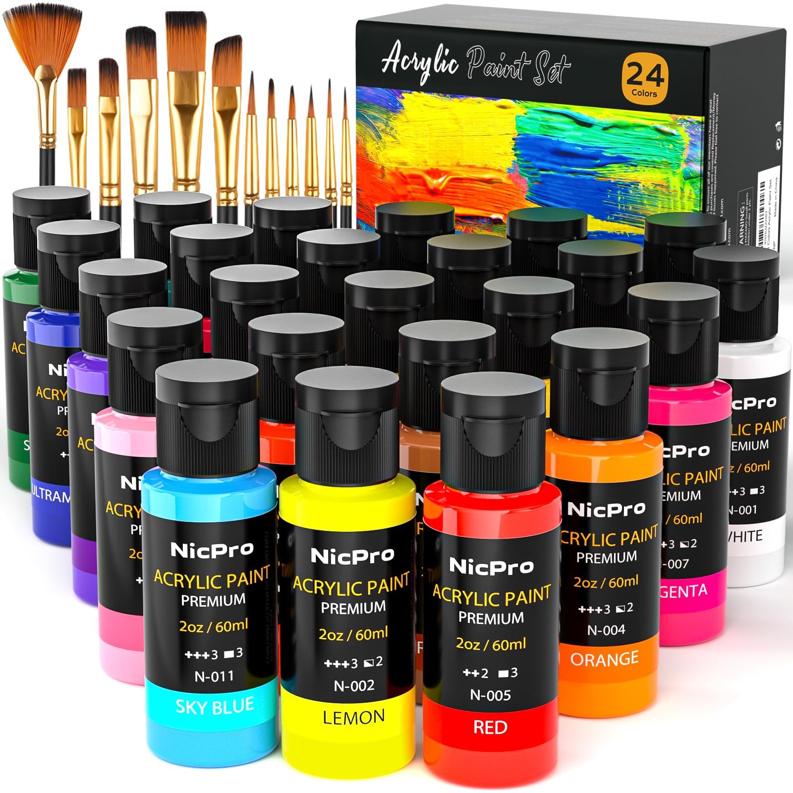 Nicpro Acrylic Paint Set 24 Colors 2oz with 12 Brushes & Palette | Non-Toxic Art