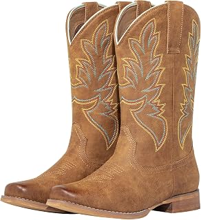 J's.o.l.e Cowboy Boots for Women Square Toe Mid Calf Pull On Fashion Embroidered Western Cowgirl Boots
