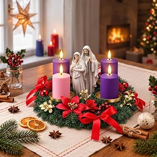 6 Pcs Christmas Advent Wreath Candle Holder, 4 PC Flameless Candle