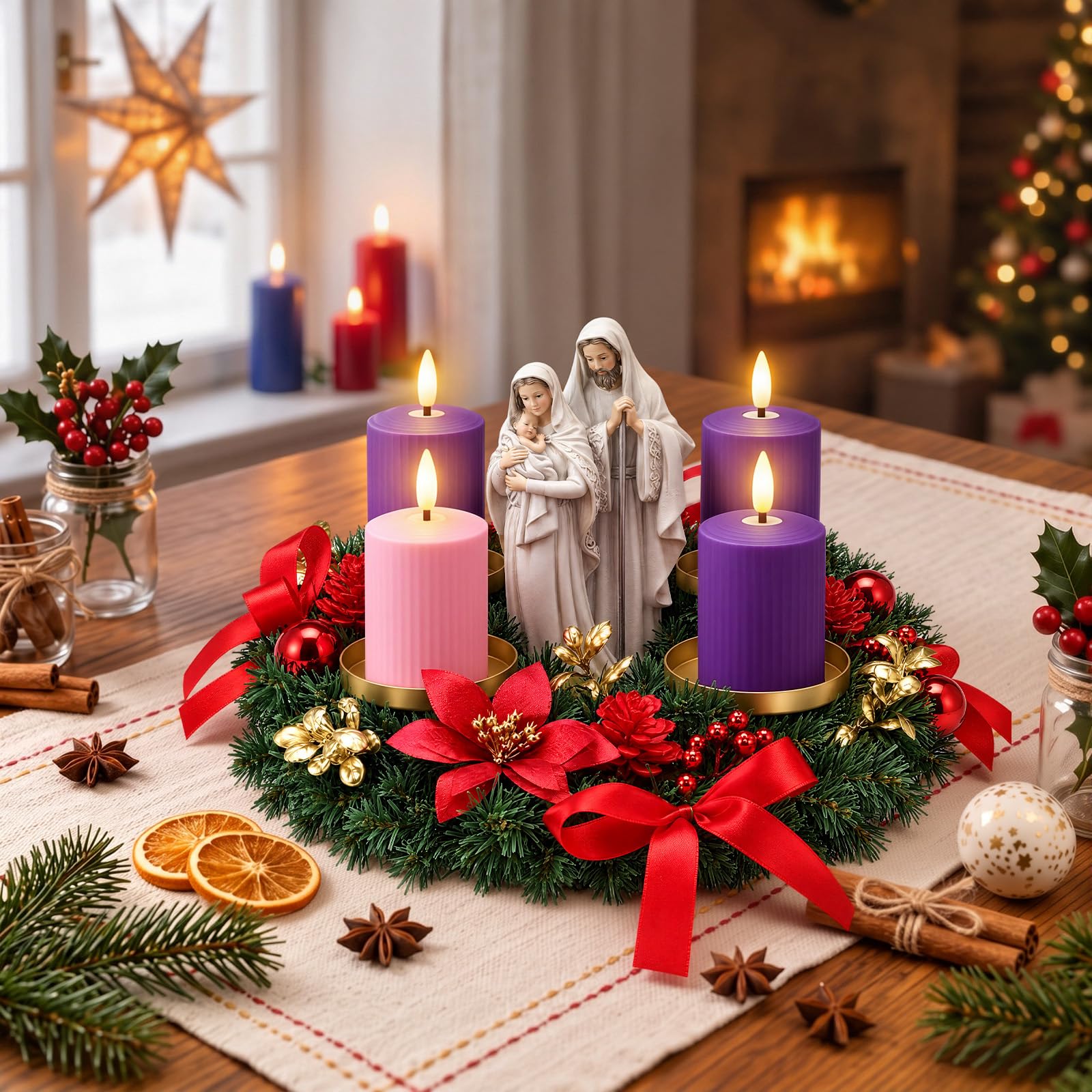 6 Pcs Christmas Advent Wreath Candle Holder, 4 PC Flameless Candle