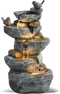 Grepatio Outdoor 5-Tiers Cascading Rock Water Fountain, Waterfall Fountain with 4 LED Lights, Outdoor Fountains and Waterfalls for Garden or Patio, Yard, and Deck Decor with Natural Stone Look