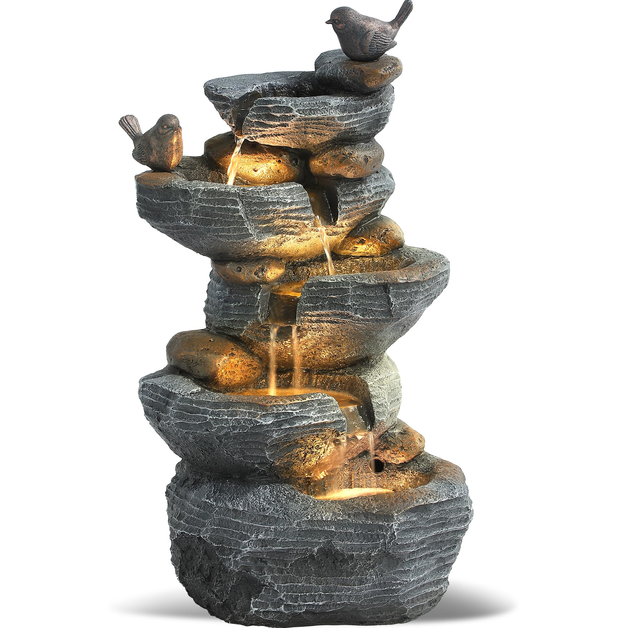 Grepatio Outdoor 5-Tiers Cascading Rock Water Fountain, Waterfall Fountain with 