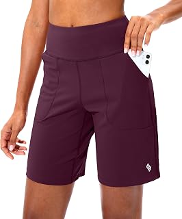 SANTINY Women's Bermuda Shorts with Zip Pocket High Waist Long Shorts for Running Athletic Workout