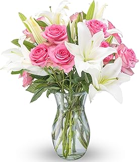 Benchmark Bouquets Oriental Lily & Pink Rose Bouquet – Real Fresh Flowers for Delivery – Flowers for Mom – Long Stem Roses Fragrant Lilies – Gifts for Mom & Mother-in-Law – Vase Included